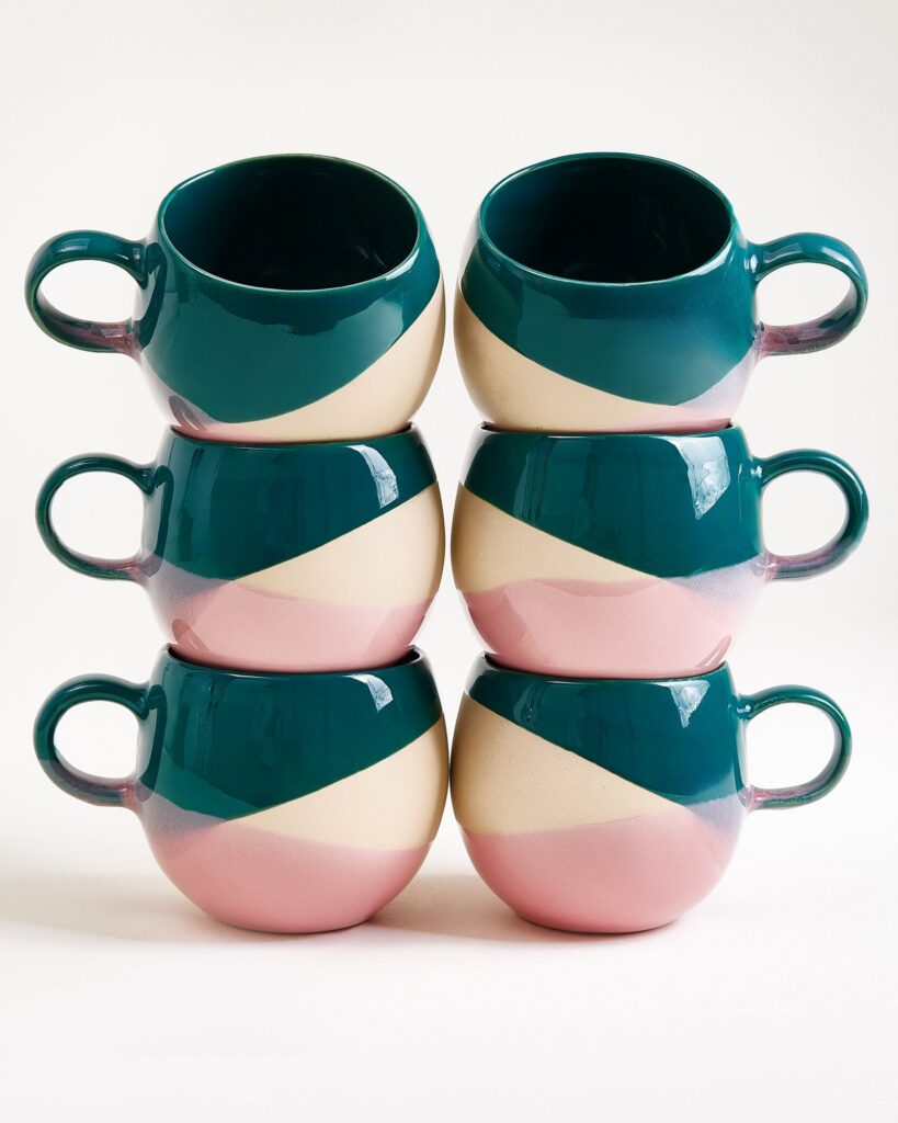 Large Everyday Deep Green Sand Pink Ceramic Mug Set