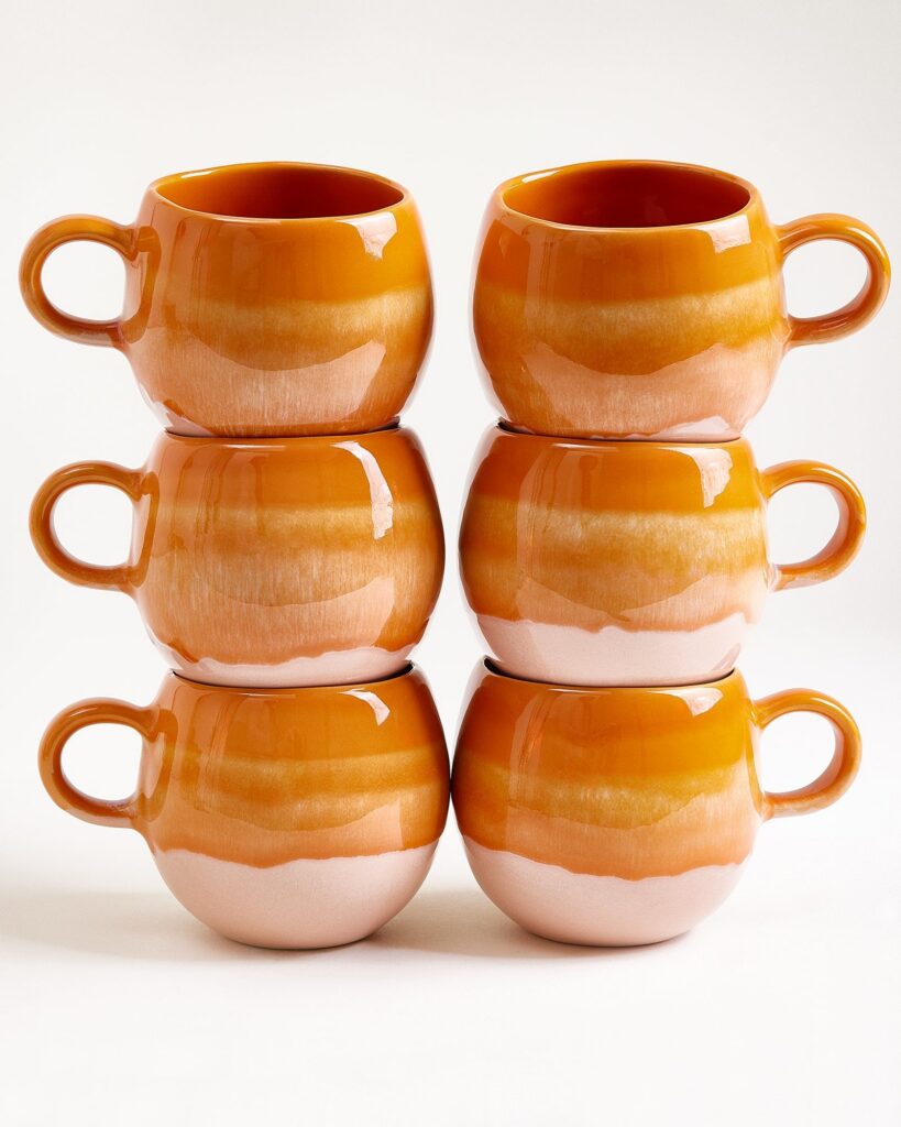 Large Orange Ceramic Mug Set of Six