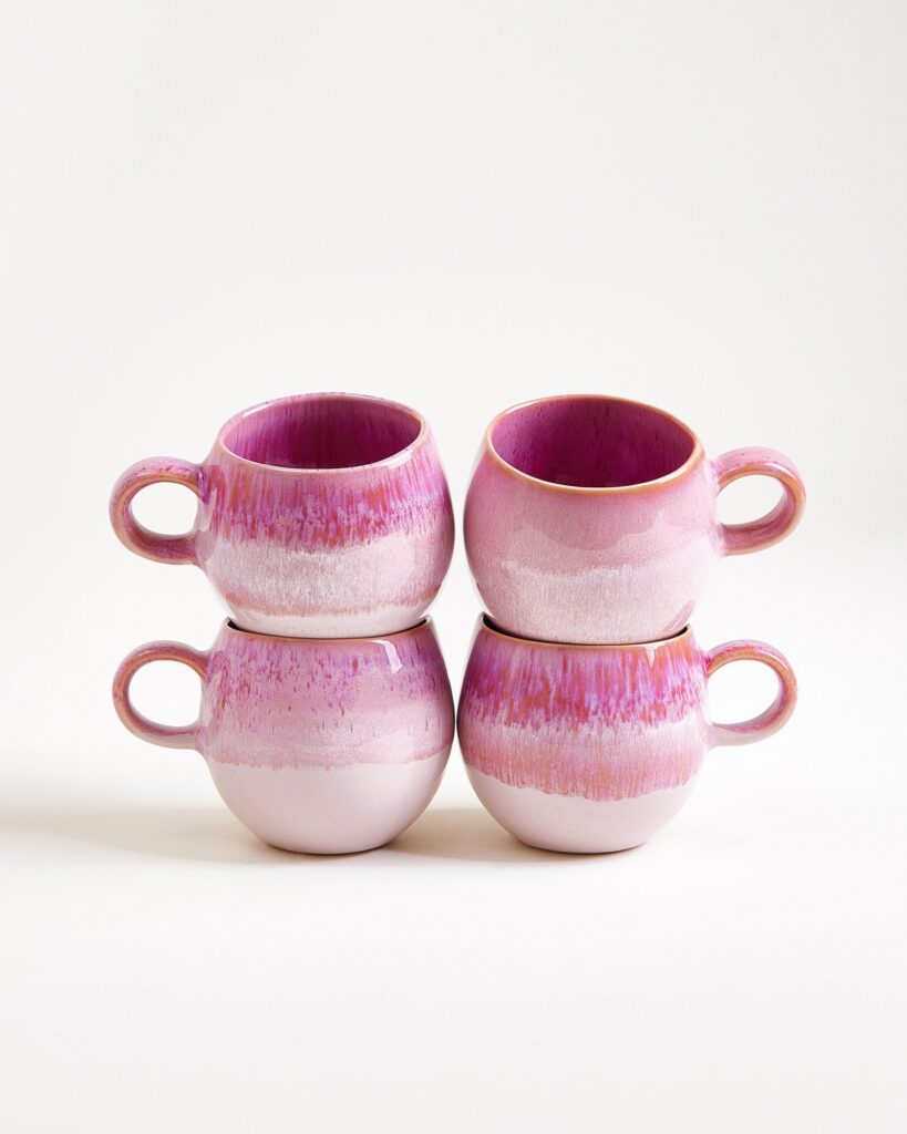 Small Rounded Pink Ceramic Mug Set of Four