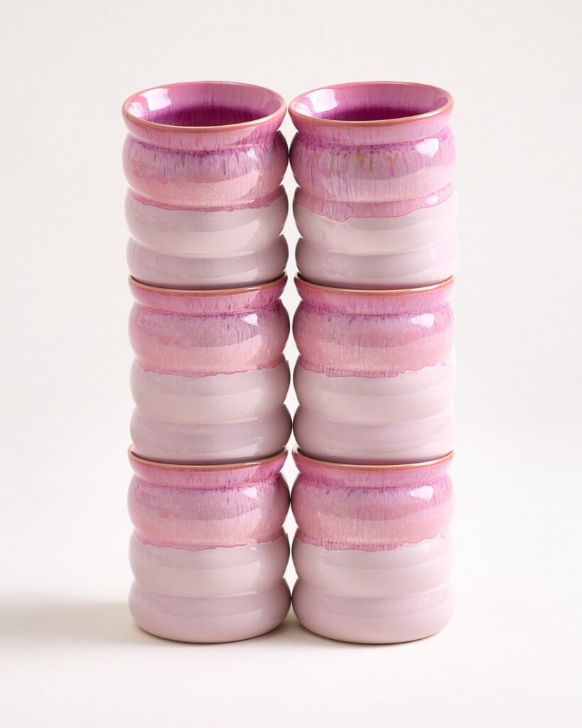 Large Bubble Pink Ceramic Cup Set of Six