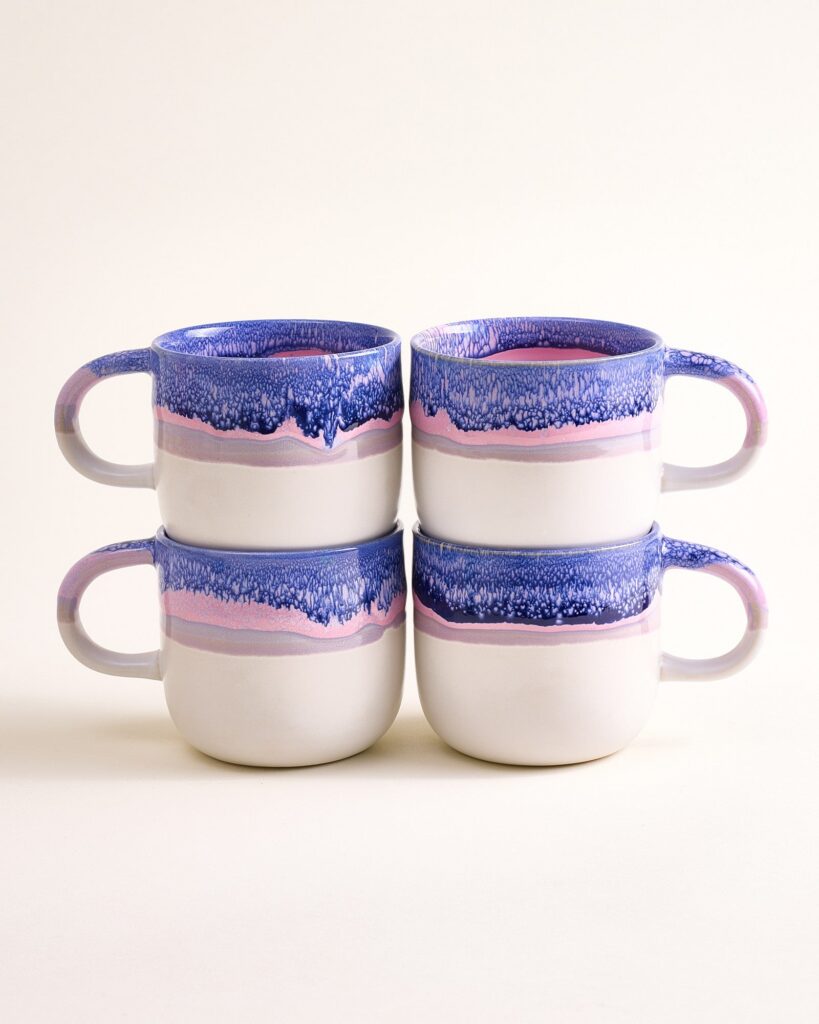 Large Blue Lilac Ceramic Mug Set of Four