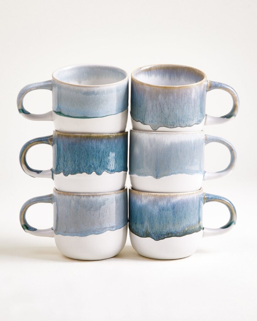 Large Gray Blue Ceramic Mug Set of Six