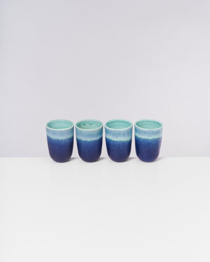 Large Turquoise Deep Blue Ceramic Cup Set of Four