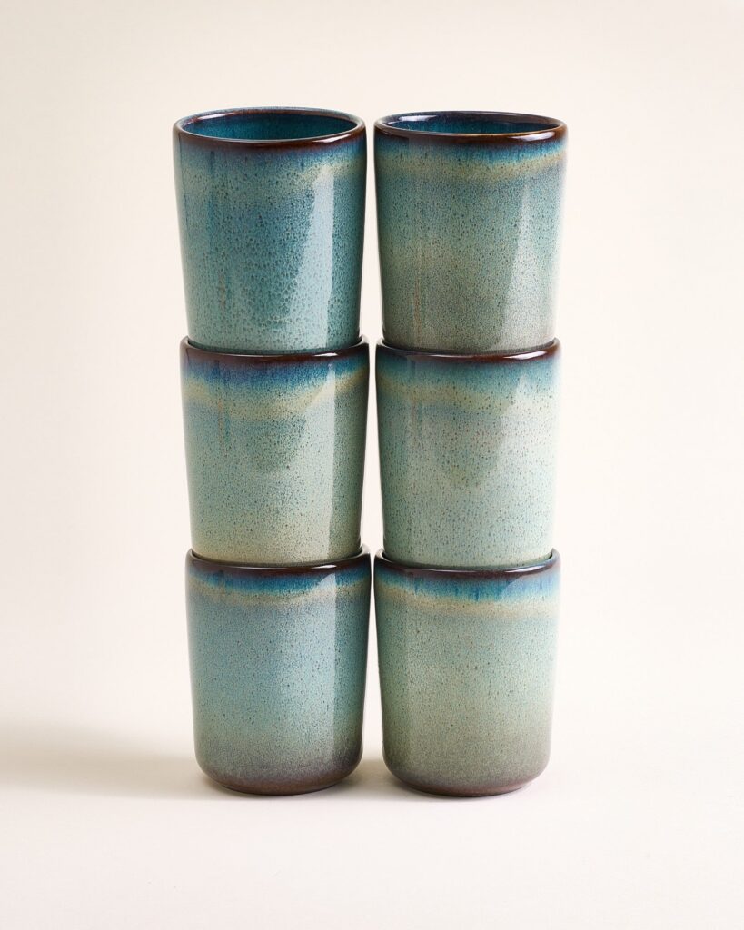 Large Refined Green Blue Ceramic Cup Set of Six