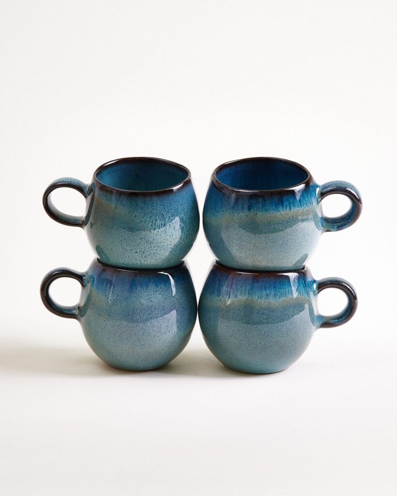 Small Green Blue Ceramic Mug Set of Four
