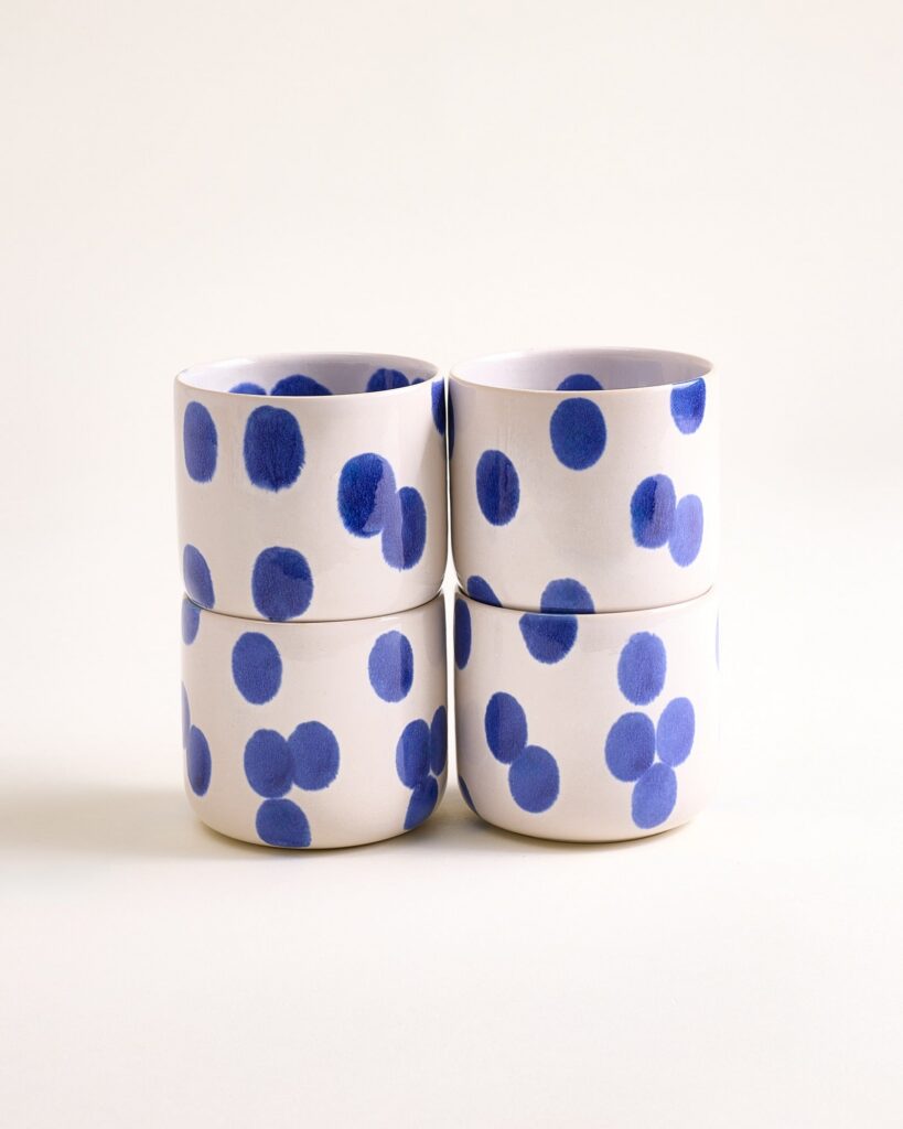 Large Dotted Blue Ceramic Cup Set of Four