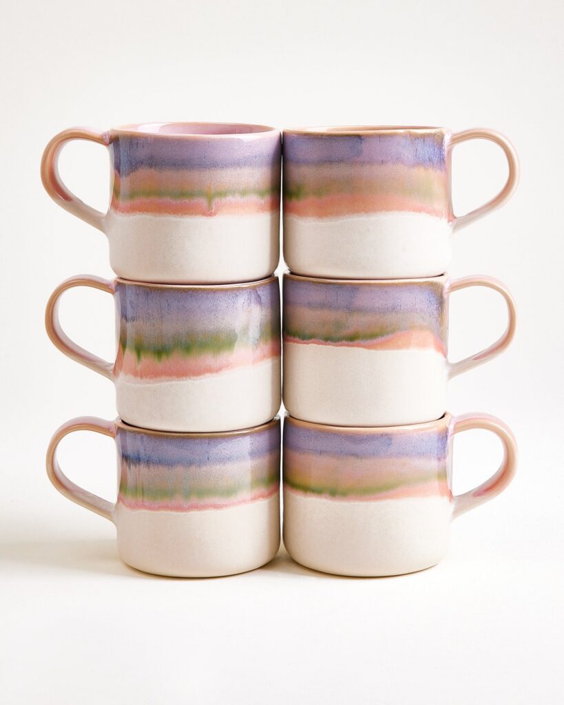 Large Dipped Pink Blue Ceramic Mug Set of Six