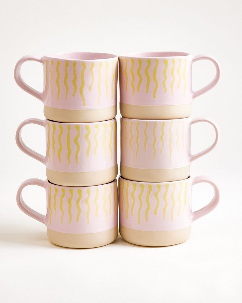 Large Striped Pink Yellow Ceramic Mug Set of Six