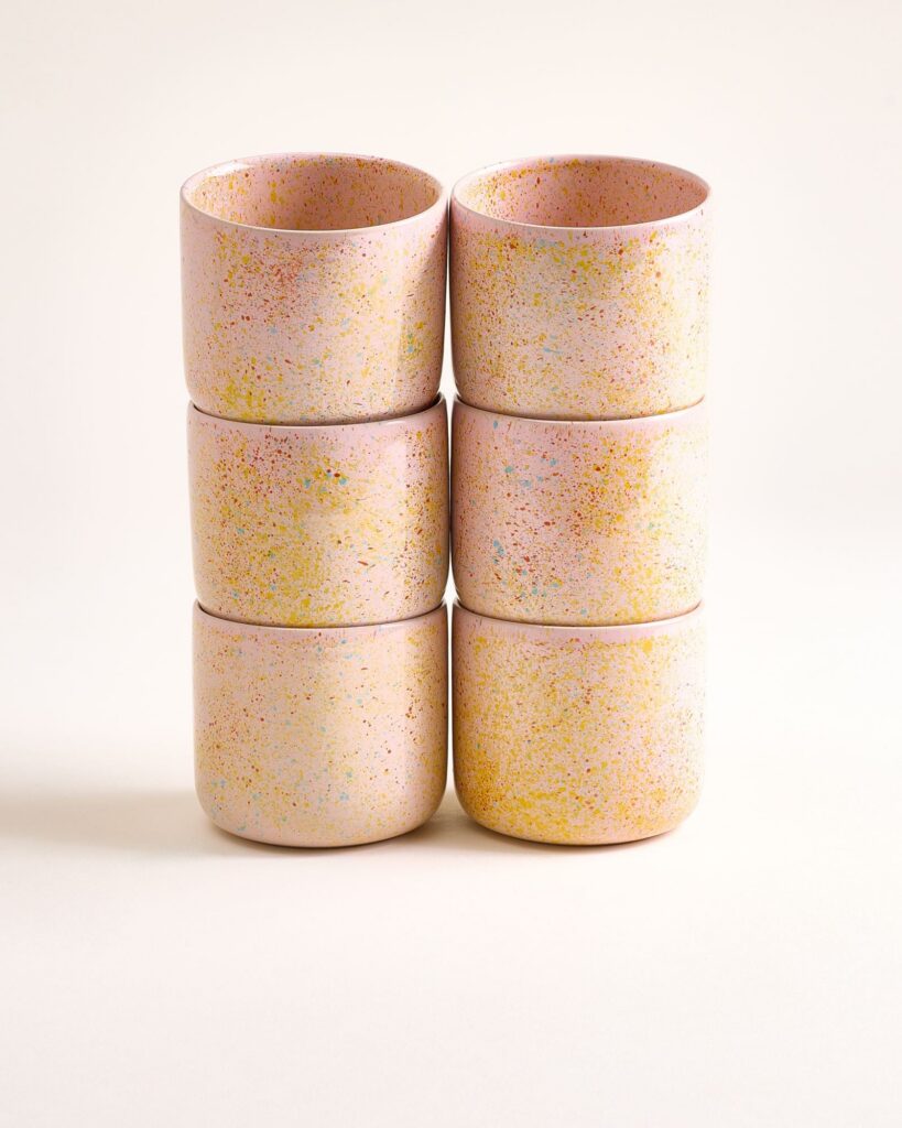 Large Speckled Pink Ceramic Cup Set of Six