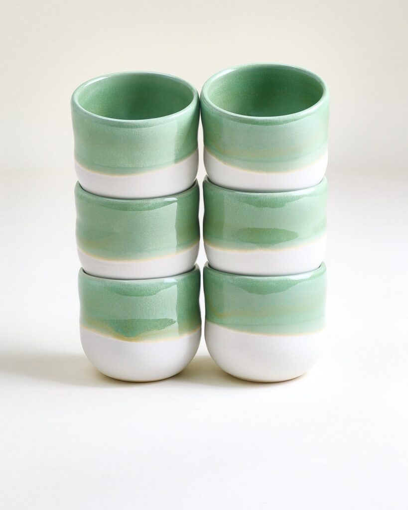 Large Green Ceramic Cup Set of Six