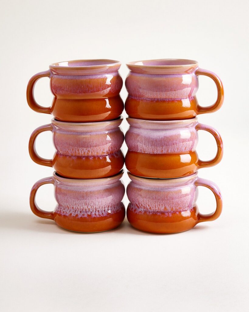 Small Bubble Pink Orange Ceramic Mug Set of Six