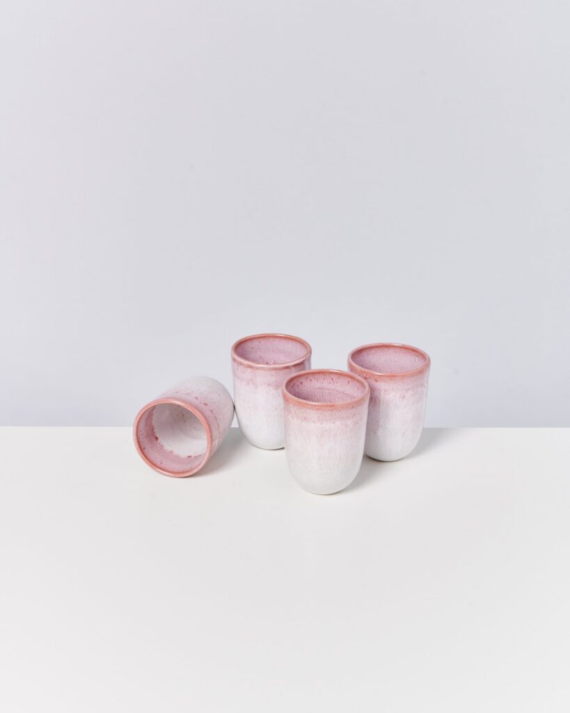 Large Pink White Ceramic Cup Set of Four